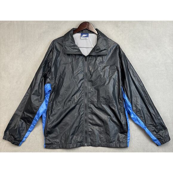Vintage 80s NIKE Blue Tag Full Zip Hooded Windbreaker Jacket XL Black and Blue